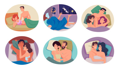 Lovers in bed. Relationship in bed loving couples male and female sleeping together exact vector concept illustrations