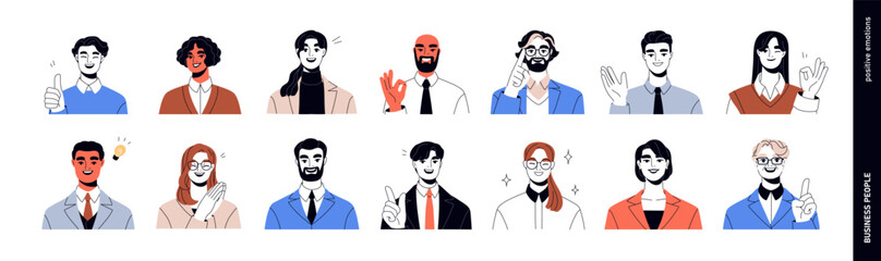 Happy business people avatars set. Smiling male and female office workers portraits with friendly face expressions, positive gestures, emotions. Flat vector illustration isolated on white background