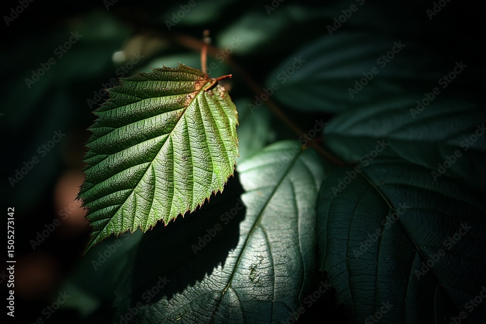 Poster Close-up view of a vibrant green leaf illuminated by sunlight in a dark forest setting showcasing intricate textures and patterns