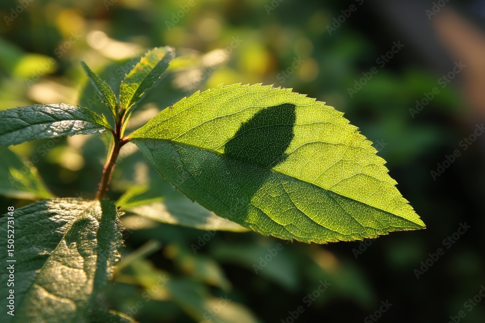 Aufkleber sunlight casting a shadow on a vibrant green leaf in a tranquil garden setting during late afternoon