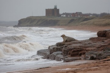 Seal rests on rocks near coastline during overcast weather in Northumberland at the edge of the sea