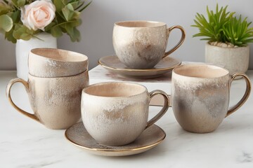 Fototapeta premium Elegant ceramic coffee cups arranged on a marble table with decorative plants in a stylish setting