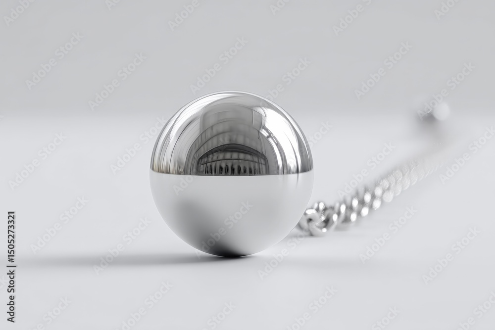 Poster reflective metal sphere pendant on chain displaying intricate details of a nearby structure