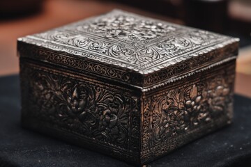 Intricately designed metal box with floral patterns displayed on a dark surface