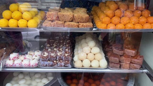 Bengali sweets served in the show case in Kolkata