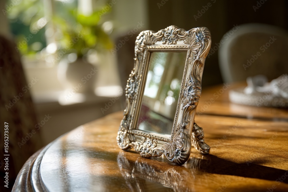Poster elegant silver-framed mirror reflecting light on a polished wooden table with lush greenery in the b
