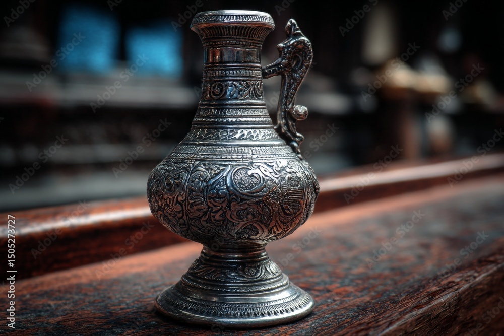 Poster decorative silver jug displayed on a wooden surface with intricate designs in a traditional setting