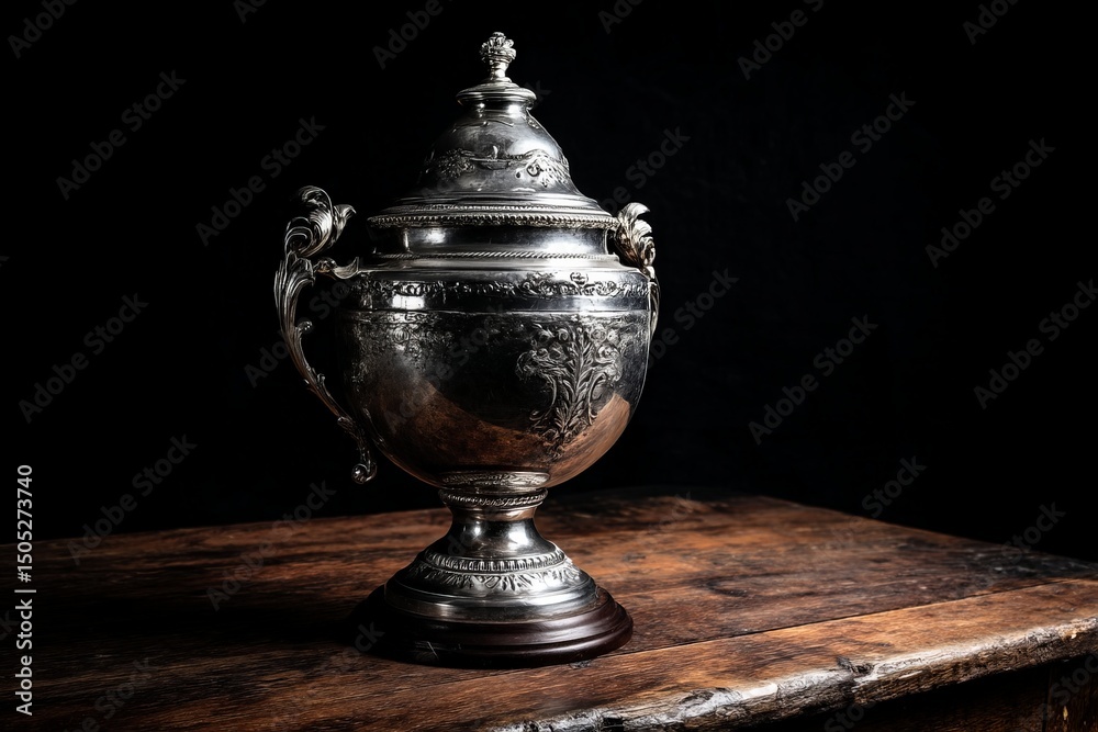 Aufkleber antique silver trophy resting on a wooden table in a dimly lit space showcasing its intricate design