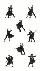 Monochrome retro collage. Energetic retro duo dancing with jumps lifts and playful steps against minimalistic background. Concept of dance, choreography, retro fashion, movement, fun, youth