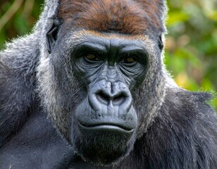 Obraz premium A gorilla is staring at the camera with a serious expression