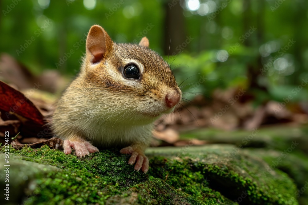 Poster chipmunk exploring the forest floor during a sunny day in spring