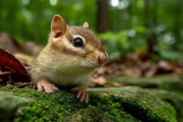 Fototapeta premium Chipmunk exploring the forest floor during a sunny day in spring