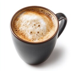 A delicious cup of coffee latte art cappuccino espresso drink in a black mug on a white background