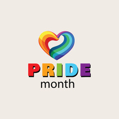Colorful lgbtq pride month design with rainbow heart and bold text on a light background