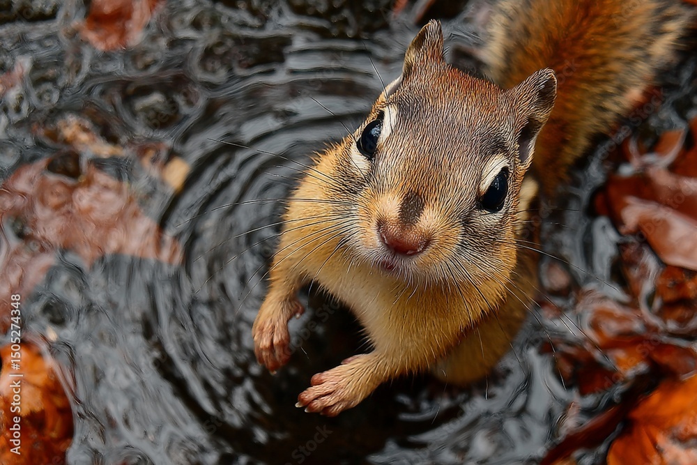 Poster chipmunk explores shallow water in a forest setting during autumn