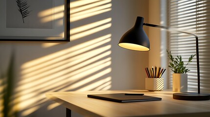 A modern minimalist desk setup with a laptop, notebook, and sleek black lamp, clean white walls, soft daylight streaming through blinds, organized with minimal school supplies.