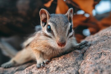 Close-up of a curious squirrel exploring rocky terrain during autumn in a wooded park setting