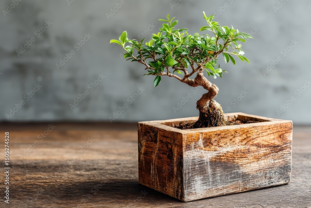 Aufkleber Bonsai tree displaying intricate growth in a wooden pot on a rustic table
