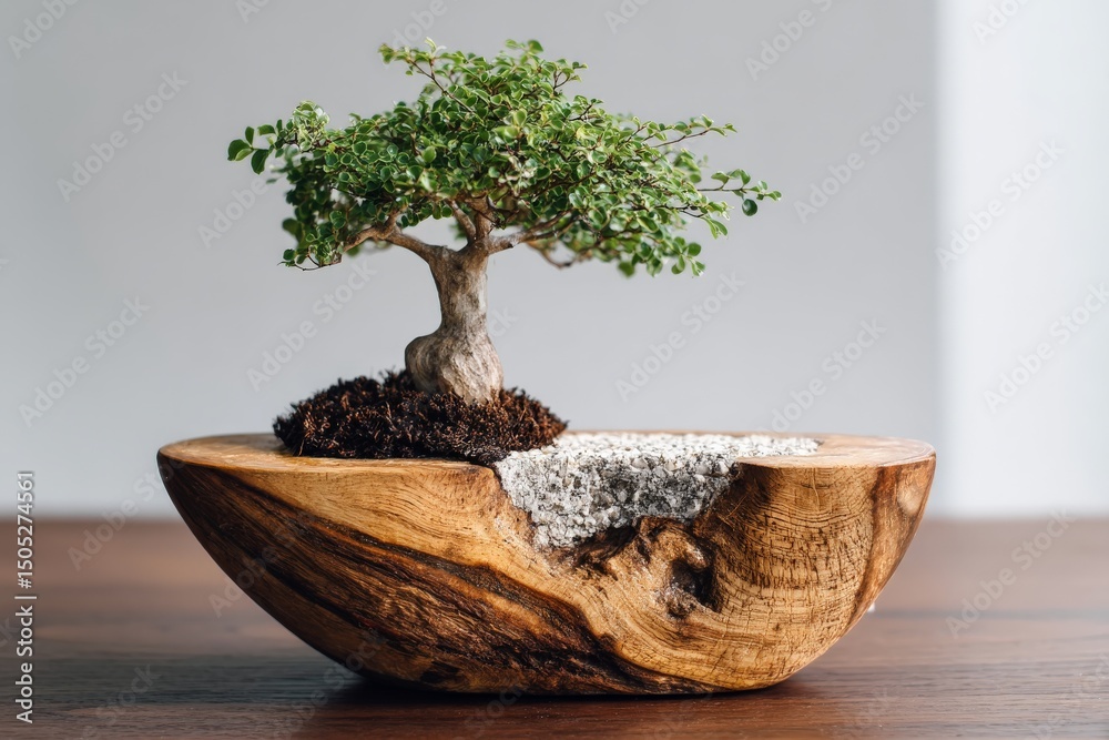 Aufkleber Unique bonsai tree displayed in a rustic wooden pot with textured features on a polished surface