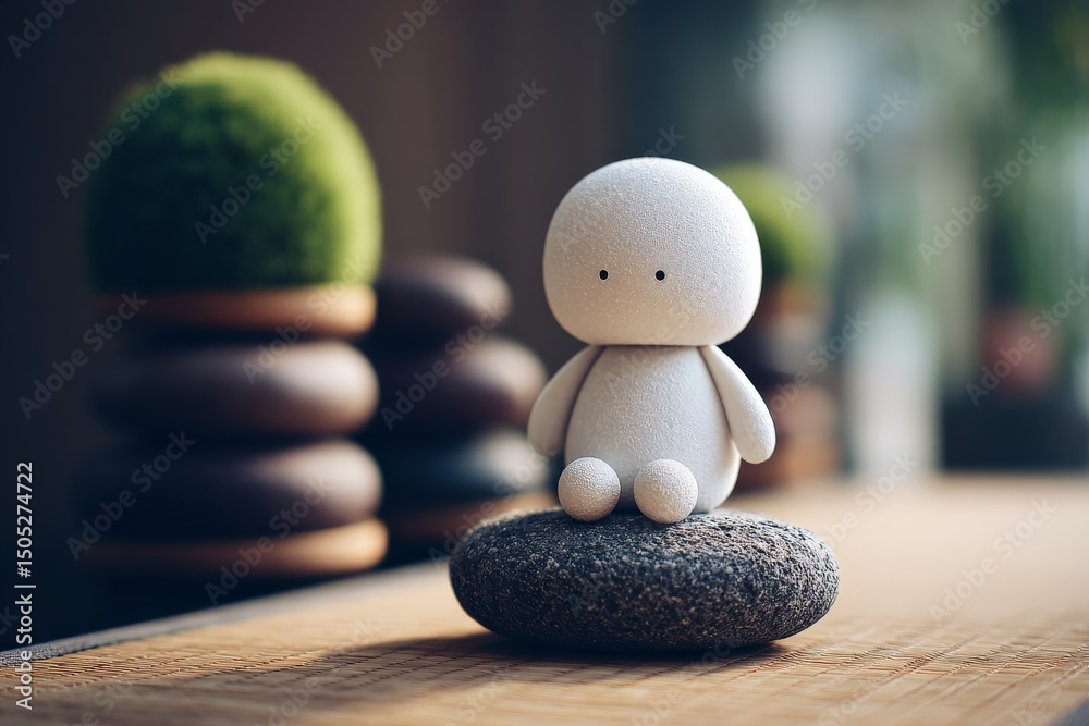 Poster cute character sitting on a stone surrounded by decorative elements in a tranquil indoor setting