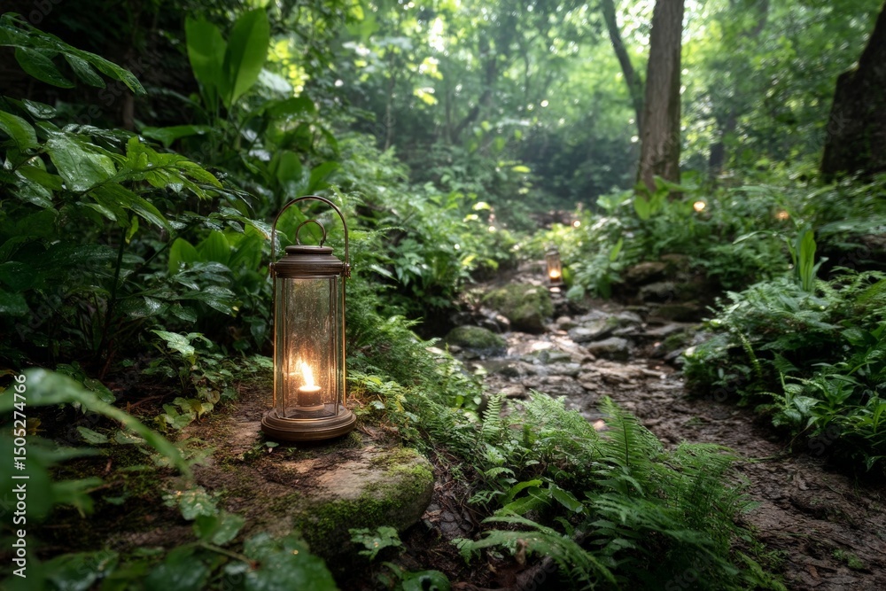 Poster lanterns illuminate a tranquil forest path during twilight amidst lush greenery and gentle sounds of