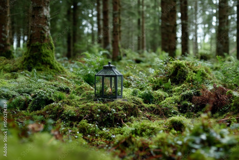 Aufkleber Lantern resting on lush moss in a serene forest setting surrounded by tall trees