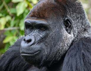 A gorilla is staring at the camera with a serious expression