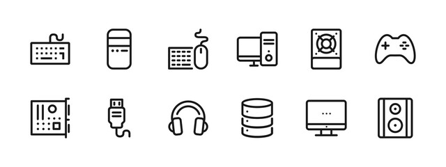 Computer Hardware Line Icon Set Device, Technology, PC Components, Server, and Electronics icon