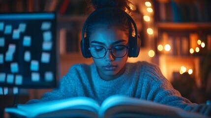 A student studying late at night, desk lit by LED strip lights, sticky notes covering monitor edges and wall behind, intense focus while highlighting text in textbook, headphones on.