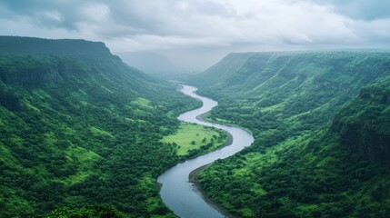 Naklejka premium Winding River Through Lush Valley