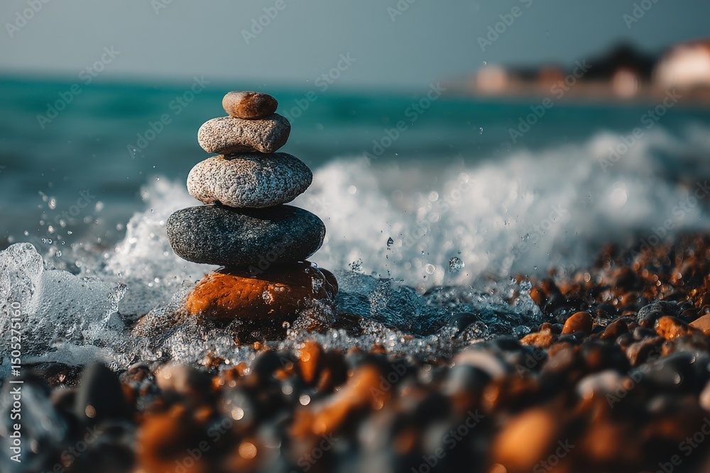 Aufkleber stack of smooth stones balanced on the beach shore near gentle waves on a sunny day