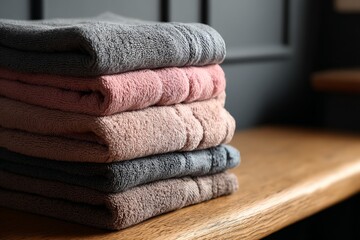 Soft and cozy towels neatly stacked on a wooden shelf in a modern bathroom during a serene morning