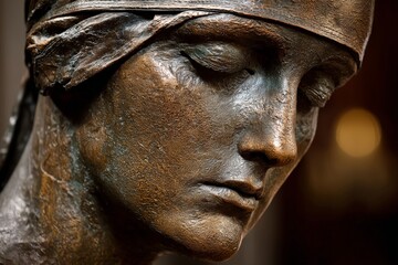 Bronze sculpture of a woman with a serene expression captured in soft light indoors