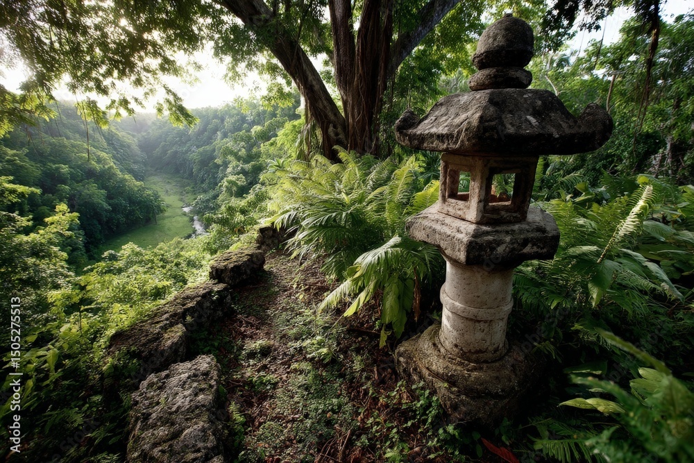 Poster picturesque view of a traditional lantern amidst lush greenery in a tranquil forest setting during s
