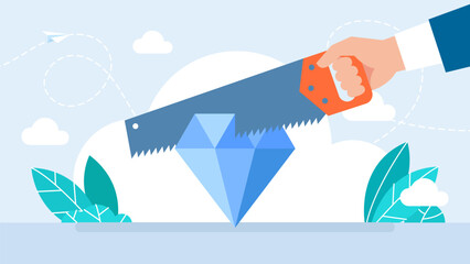 The diamond is sawed through to find a valuable idea. Talent theft. Sawing the diamond. Loan away trap metaphor. Vector illustration.