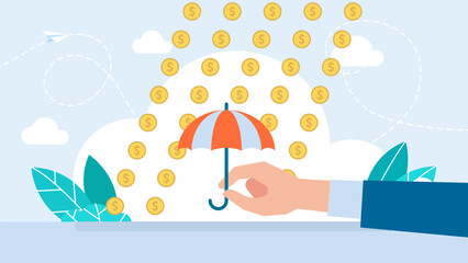 Falling money. Hand holding umbrella protecting from golden rain. Person hold umbrella under money rain. Concept of financial profit, wealth, cash income, win. Vector illustration