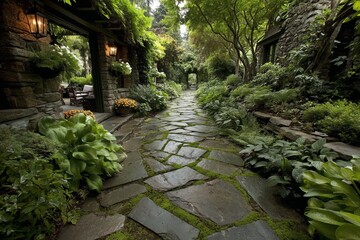 Naklejka premium Beautiful stone pathway through a lush garden with vibrant plants and warm lighting near a cozy retreat