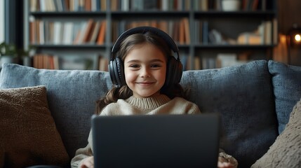A young student in headphones, sitting on a couch with a laptop on their lap, smiling while attending an online class, casual homewear, background includes bookshelves and natural light from window.