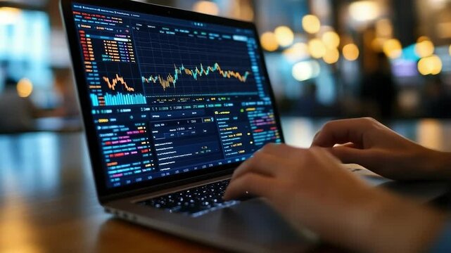 Stock market trader is working late, analyzing charts and data on a laptop, in a cafe. He is using a laptop with a large screen and a dark interface
