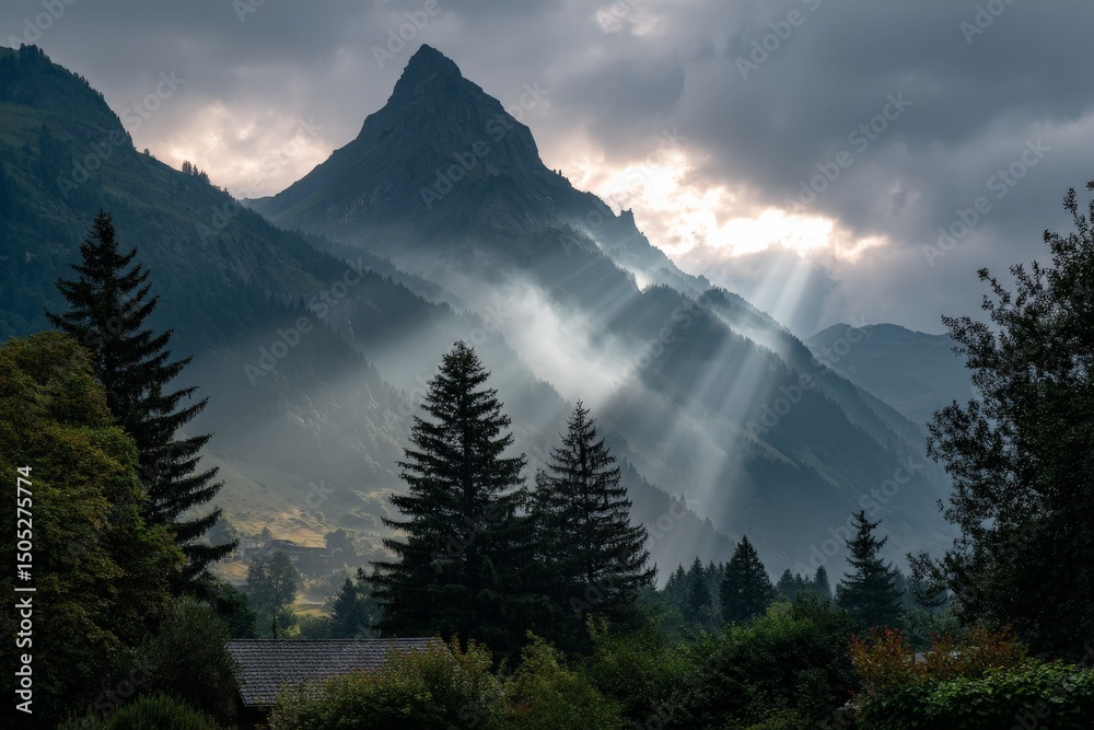 Poster romantic rays of sunlight break through clouds in a serene mountain landscape at dawn
