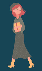 Girl with glasses, in a long dress and boots walks with a gift in her hands