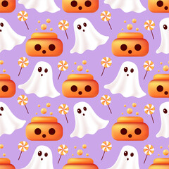 Happy Halloween seamless pattern. Pumpkin with potion, ghost, candies. Holiday vector illustration