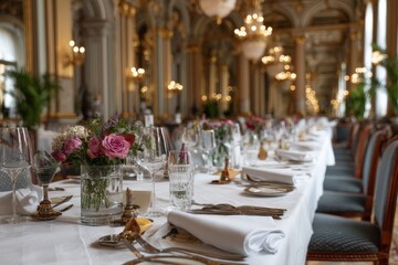 Elegant dining table set for a formal event in a grand hall with floral centerpieces and exquisite decor