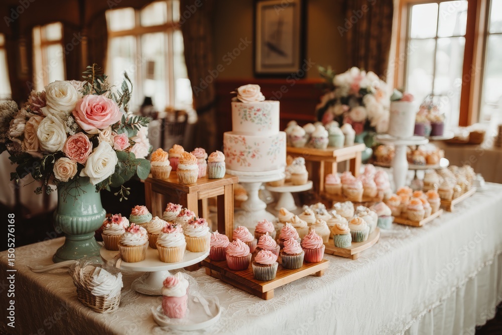 Aufkleber Beautiful dessert table with an array of cupcakes and floral arrangements for a special event in an elegant venue