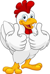 A chicken cartoon rooster cockerel character mascot giving a thumbs up.