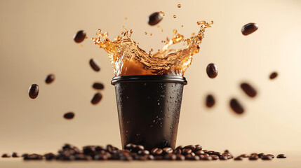 Flying Coffee Beans and Splash Art on Beige