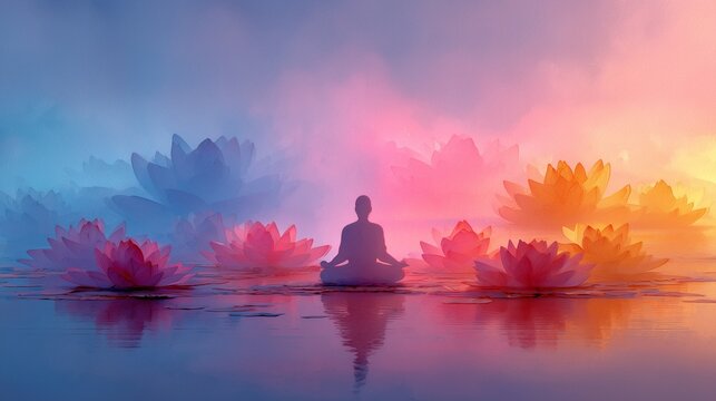 Seven chakras of the human body, Seven Chakras Aligned on Meditating Human Figure with Energy Light Effects, seven chakras, chakra alignment, yoga silhouette