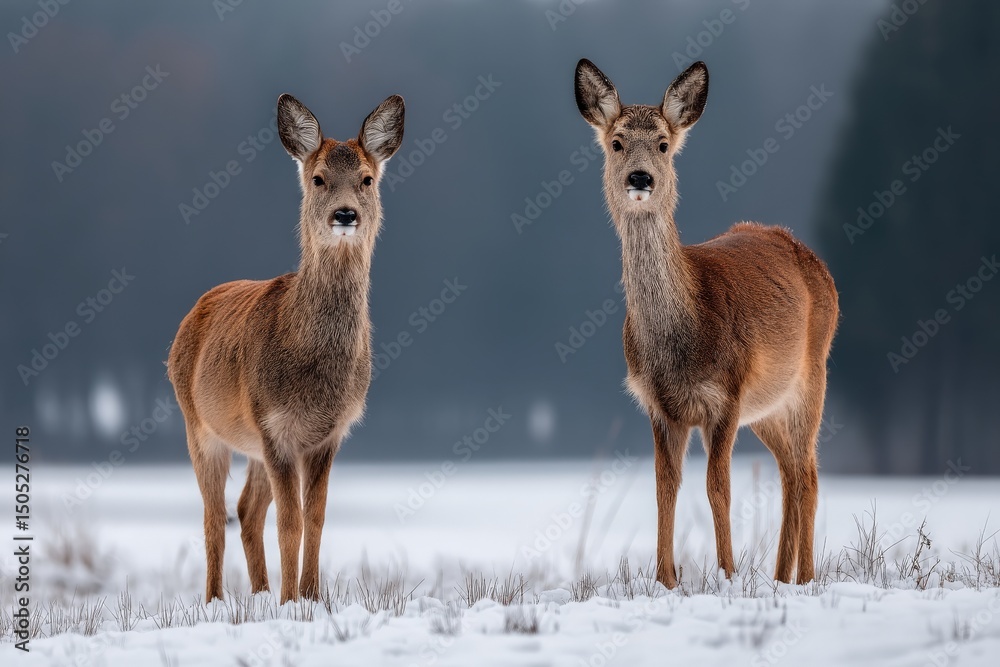 Poster two deer standing together in a snowy landscape during winter at dusk in a serene forest setting