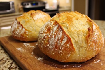 Naklejka premium Freshly baked round loaves cooling on a wooden board in a cozy kitchen
