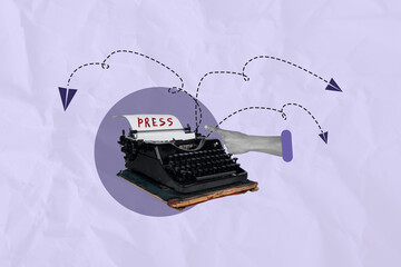 Art poster collage of type machine with arrows sending press paper on purple background